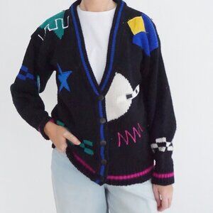 Vintage Spice Of Life Black Colorblock Geometric Novelty Knit Cardigan M